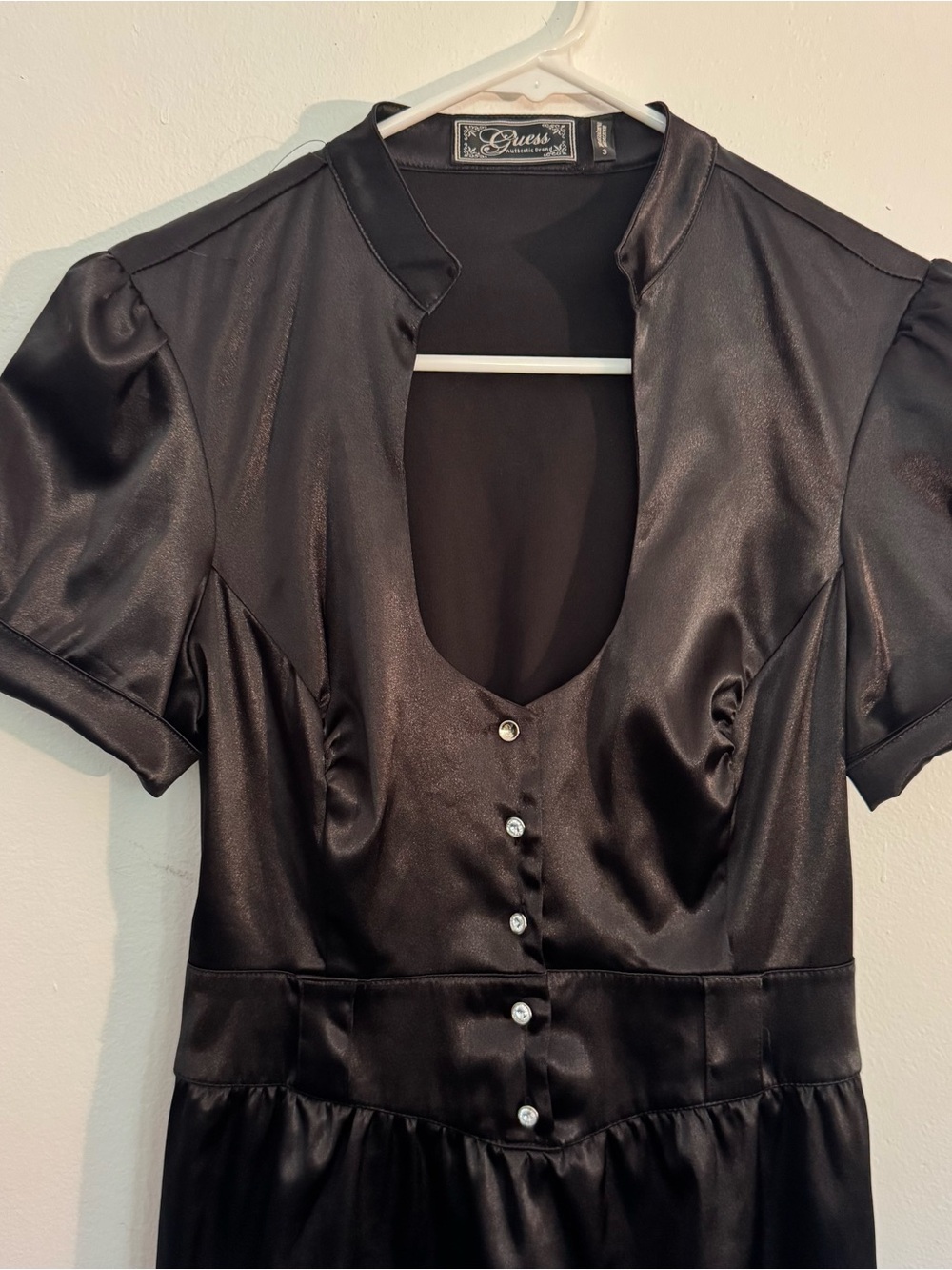Guess Black Satin Mini Dress with Button Front